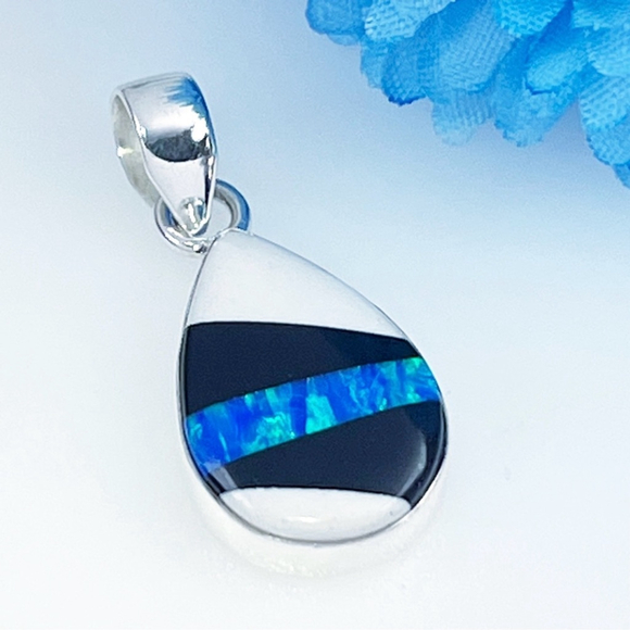 Blue Fire Opal Pendant Pure Sterling Silver 925 Shell Onyx Inlay Stripe New - Picture 4 of 9